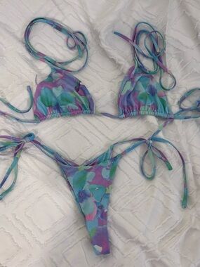 Tiger Mist Watercolor Bikini Set Purple Blue Green Triangle String Size S